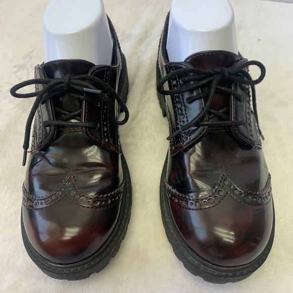 Divided Sz 6 Y2K Deep Red Maroon Chunky Derby Oxford Wide Heel Academia Shoes - Picture 2 of 10